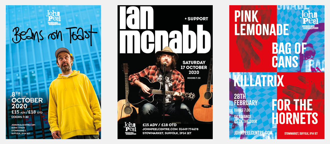 Poster designs for the John Peel Centre for Creative Arts